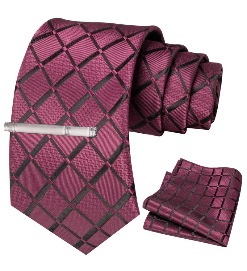 JEMYGINS Plaid Maroon Tie and Pocket Square Hankerchief Mens Silk Necktie with Tie Clip Sets(1) - Image 2